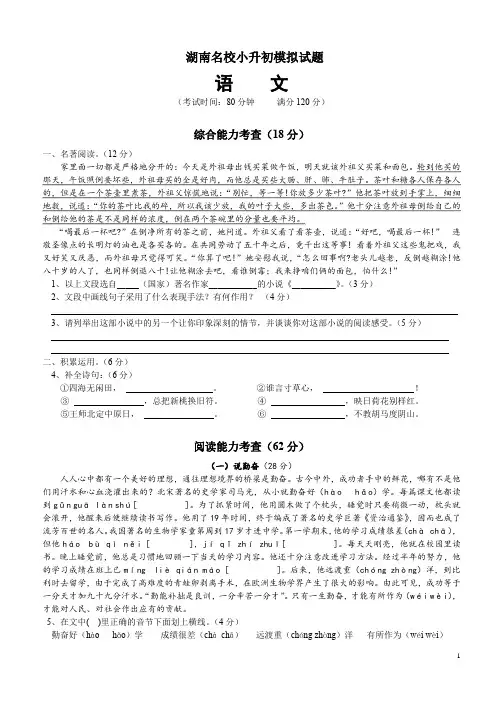 湖南小升初六年级语文试卷(2套-含答案)