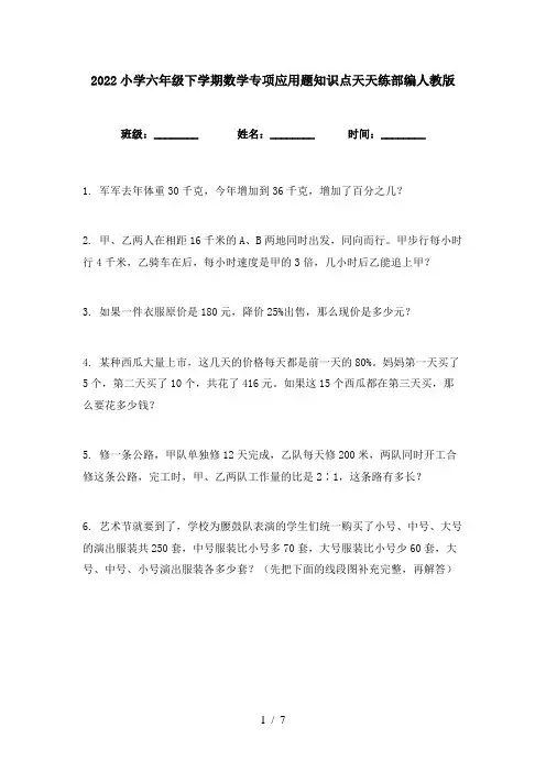 2022小学六年级下学期数学专项应用题知识点天天练部编人教版