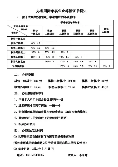 办理国际象棋业余等级证书须知