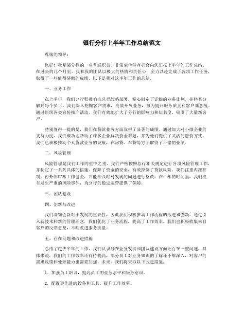 银行分行上半年工作总结范文