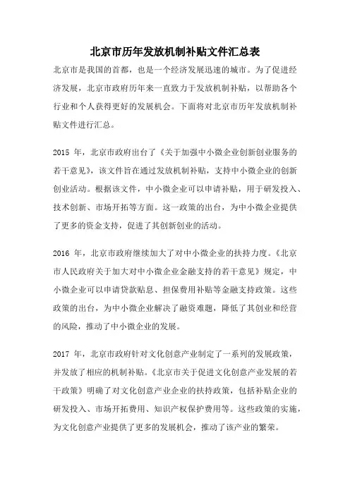 北京市历年发放机制补贴文件汇总表