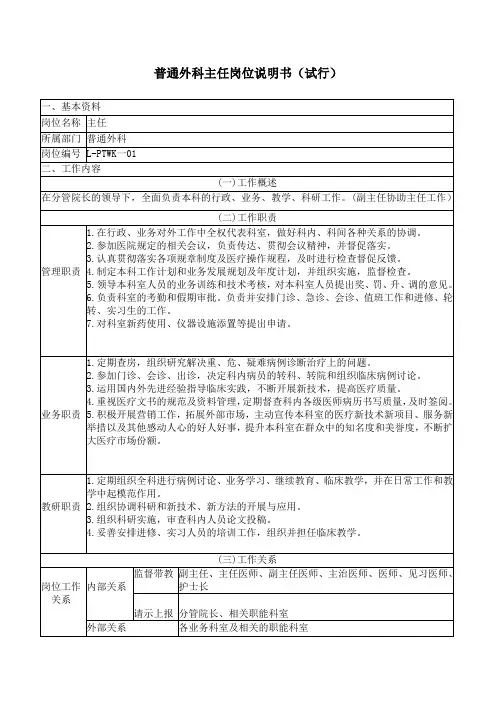 普外科主任岗位说明书
