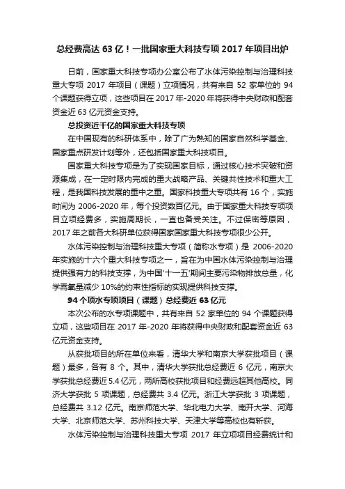总经费高达63亿！一批国家重大科技专项2017年项目出炉