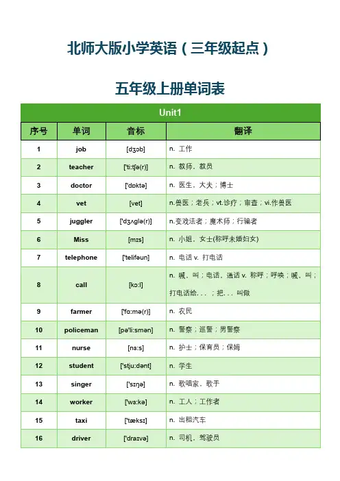 北师大版小学英语(三年级起点)五年级上册单词表(分单元含音标)