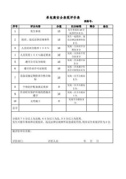 承包商安全表现评价表