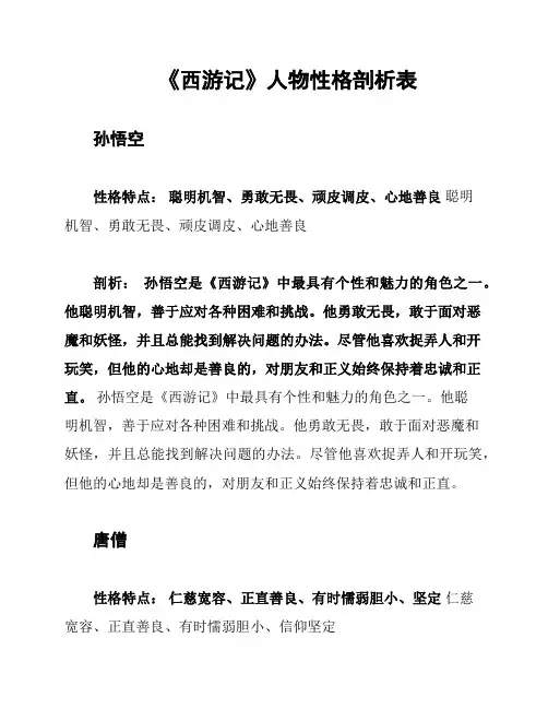 《西游记》人物性格剖析表