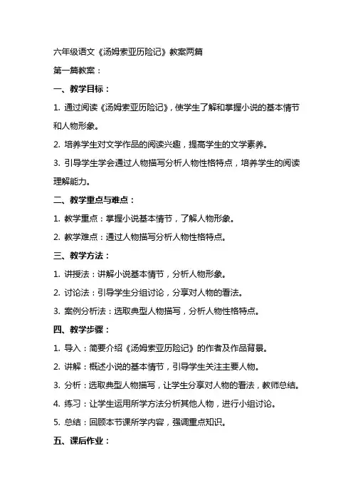 六年级语文《汤姆索亚历险记》教案两篇