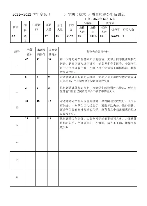 三年级语文期末考试质量分析反馈表