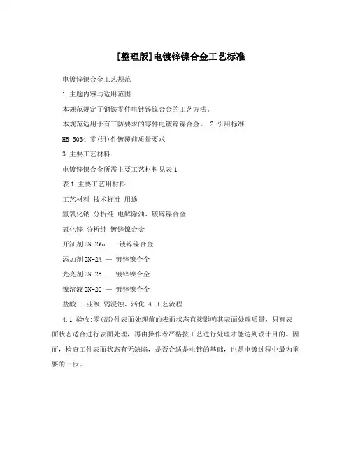 [整理版]电镀锌镍合金工艺标准