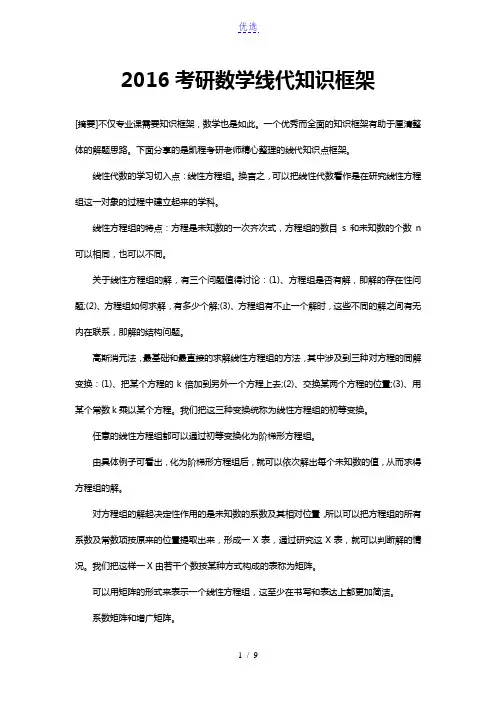 2016考研数学线代知识框架