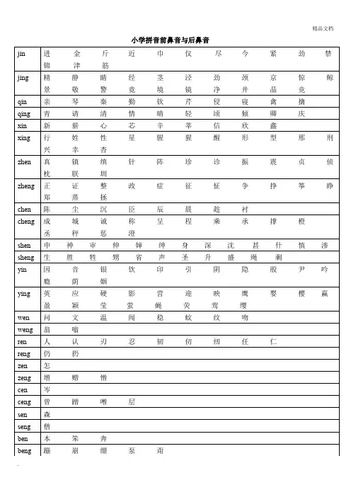 小学拼音前鼻音与后鼻音对照表