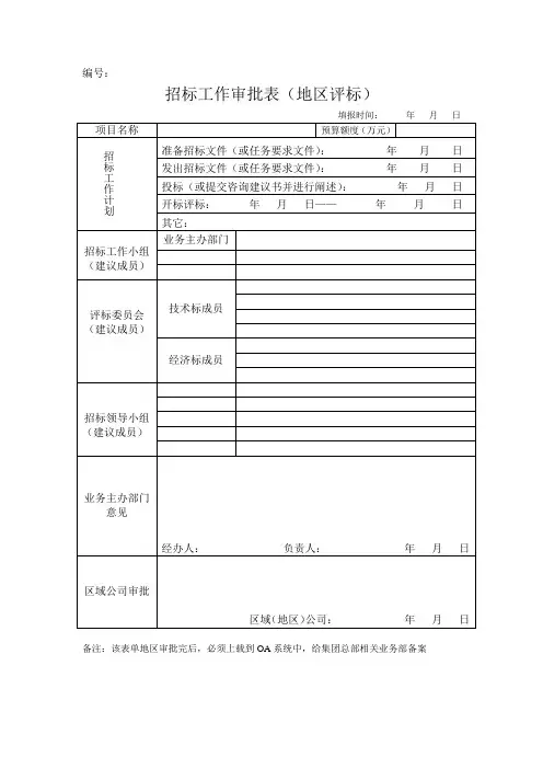 招标工作审批表(地区、集团评标)