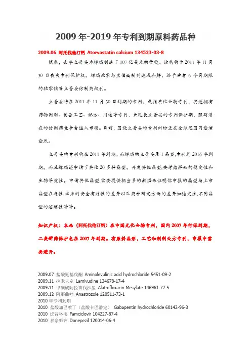 2009-2019专利到期原料药品种