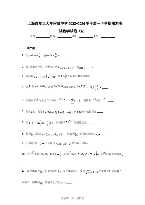 上海市复旦大学附属中学2023-2024学年高一下学期期末考试数学试卷(A)