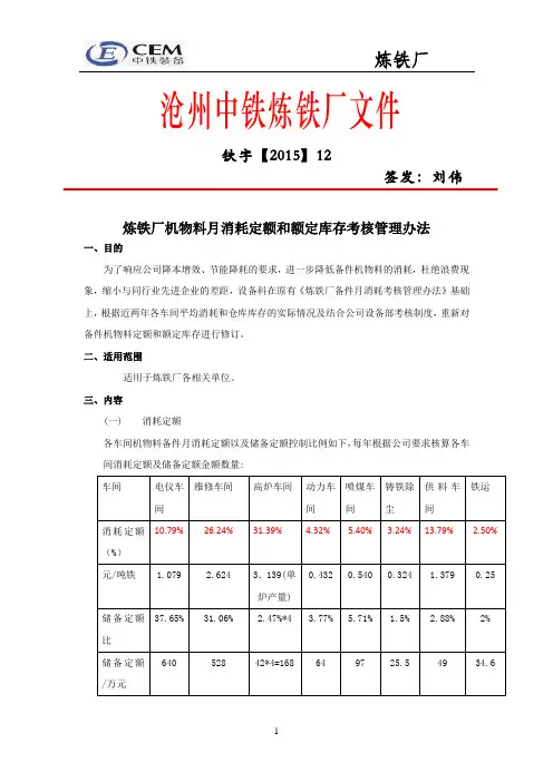 12炼铁厂备件机物料月消耗定额和额定库存