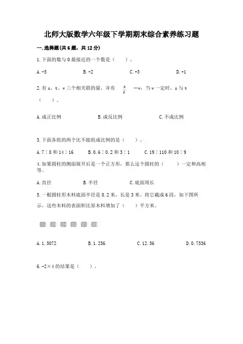北师大版数学六年级下学期期末综合素养练习题附参考答案(满分必刷)