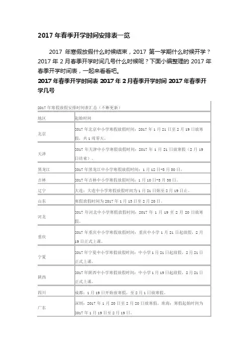 2017年春季开学时间安排表一览