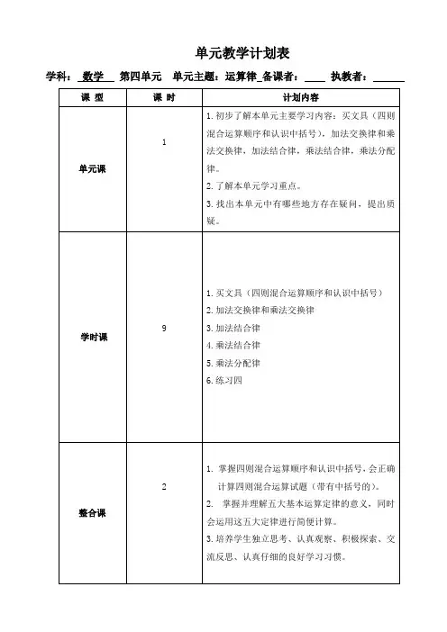 小学数学四年级上册第四单元《运算律》教案