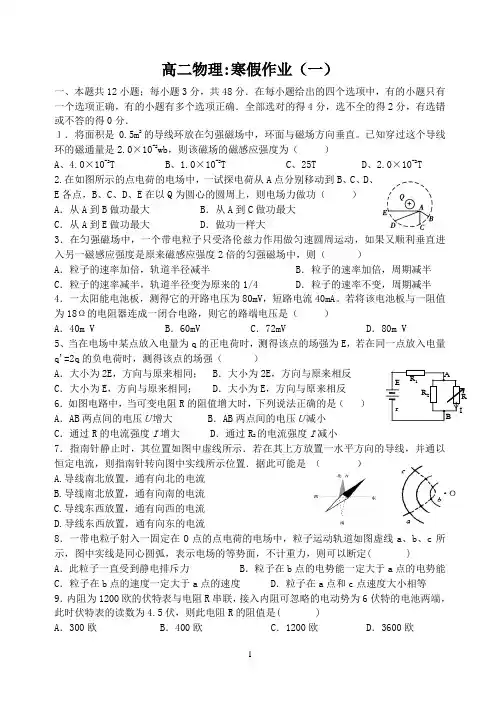 高二物理寒假作业(一)