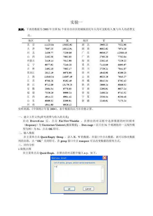计量经济学实验1一元线性回归模型