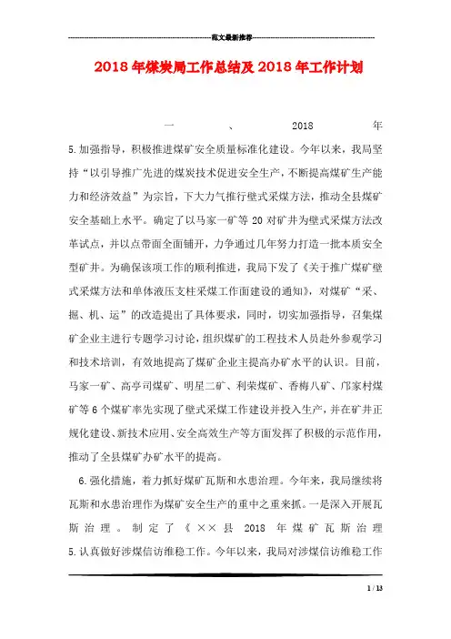 2018年煤炭局工作总结及2018年工作计划