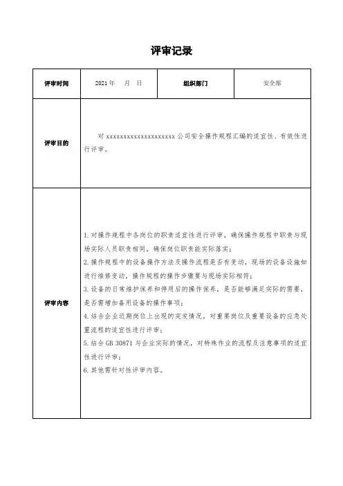 2021年操作规程评审修订记录