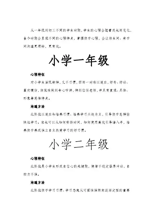 学生一年级到初三的心理特点及沟通方式