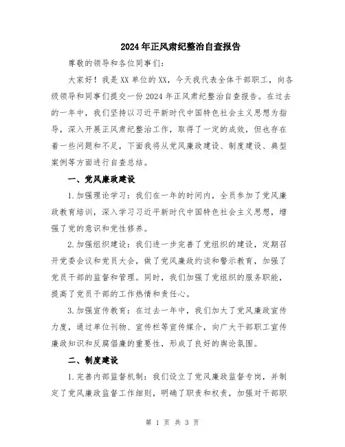 2024年正风肃纪整治自查报告