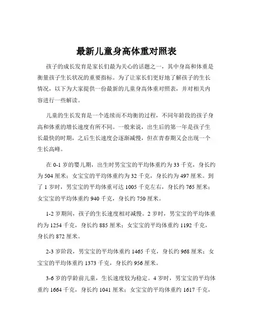 最新儿童身高体重对照表