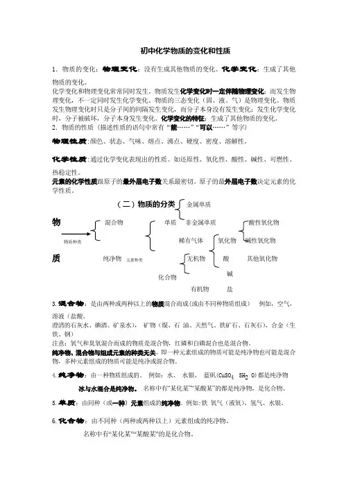 初中化学物质的变化和性质