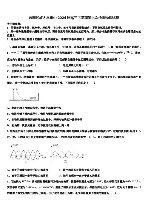 云南民族大学附中2024届高三下学期第六次检测物理试卷含解析