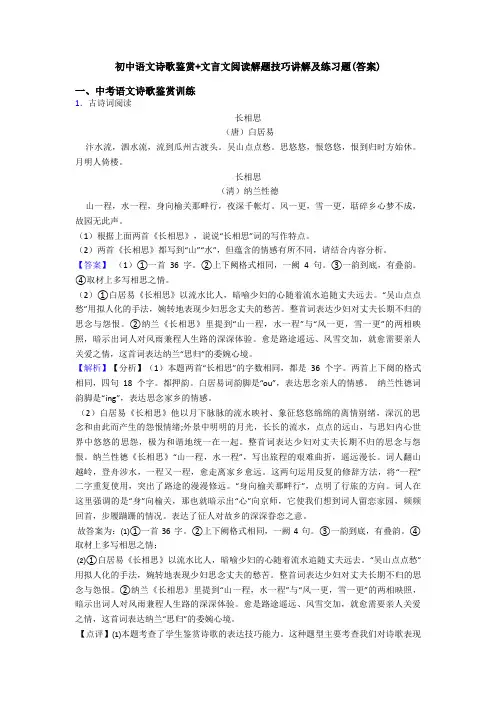 初中语文诗歌鉴赏+文言文阅读解题技巧讲解及练习题(答案)
