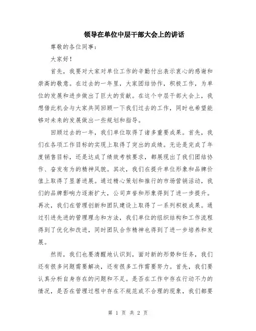 领导在单位中层干部大会上的讲话