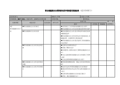 职业健康安全管理标准体系审核检查表通用版