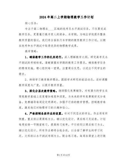 2024年高二上学期物理教学工作计划（七篇）