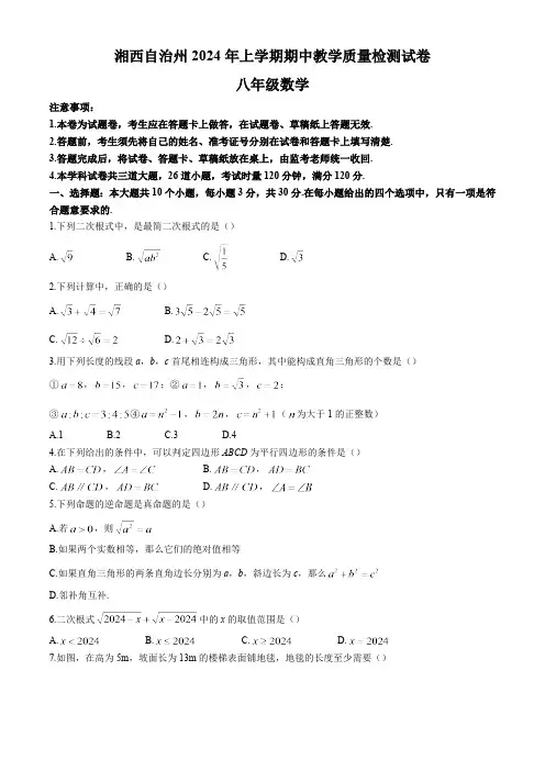 湖南省湘西自治州2023-2024学年八年级下学期期中考试数学试卷(含答案)