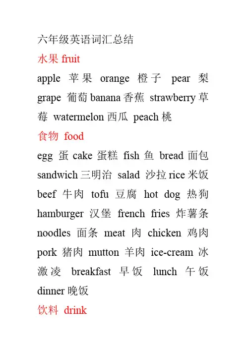 小考英语词汇总结 六年级