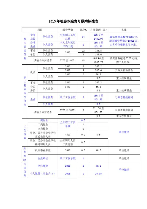 2013年社会保险费月缴纳标准表
