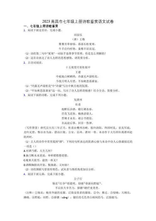 2023南昌市七年级上册诗歌鉴赏语文试卷