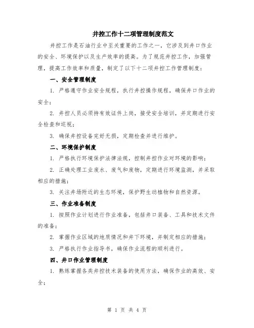 井控工作十二项管理制度范文
