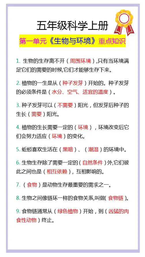 小学五年级科学第一单元《生物与环境》重点知识