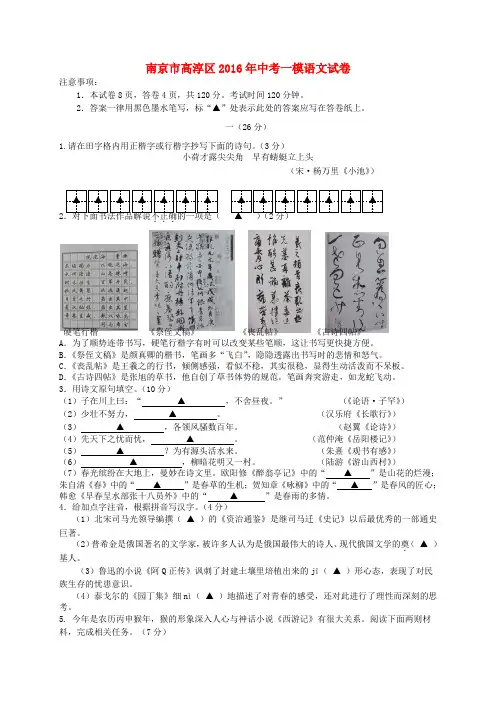 江苏省南京市高淳区2016届中考一模语文试卷(含答案)