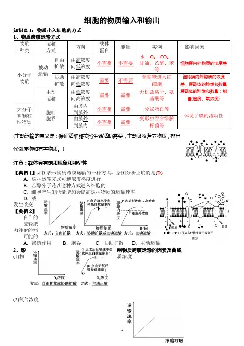 细胞的物质输入和输出一轮复习教学案(教师版)