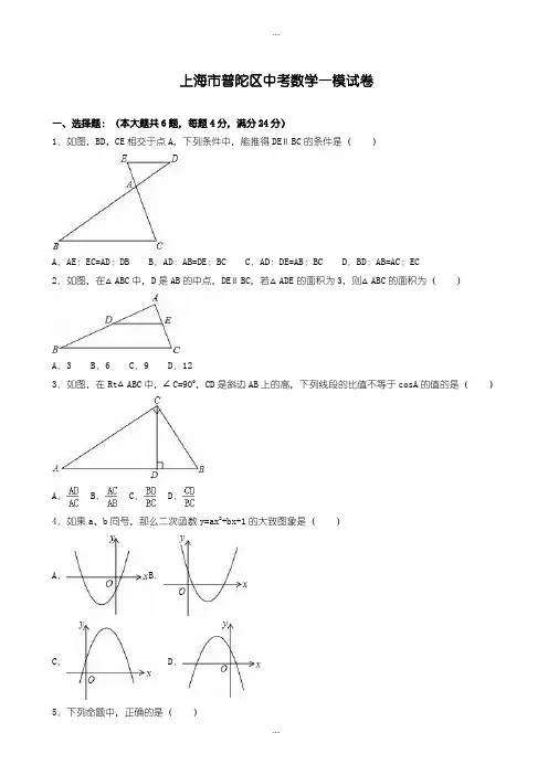 精选上海市普陀区中考数学一模试卷(有详细答案)