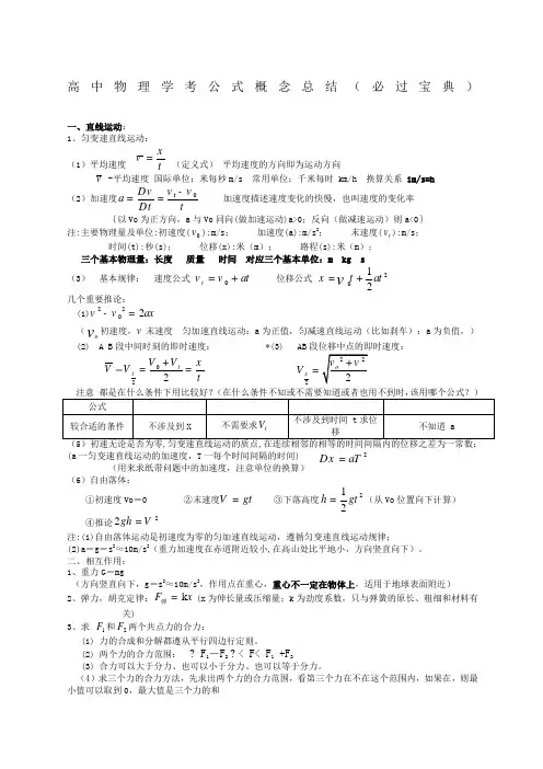 高中物理学业水平考试公式及知识点总结
