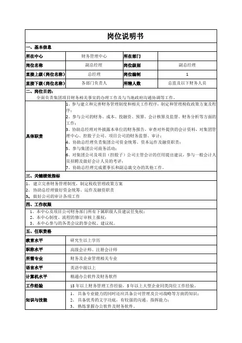财务中心副总经理岗位说明书