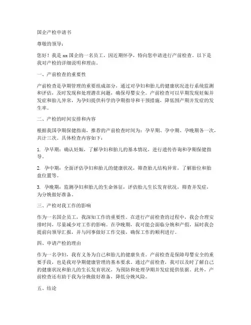 国企产检申请书范文模板