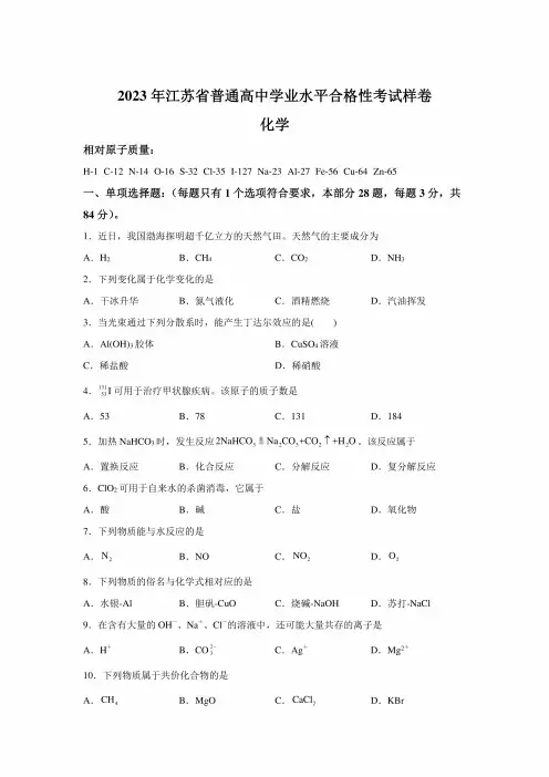 2023年江苏省高中学业水平合格性考试化学样卷试题(含答案详解)(2)