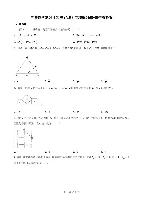 中考数学复习《勾股定理》专项练习题-附带有答案