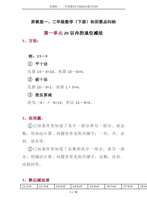 苏教版一、二年级数学(下册)知识要点归纳
